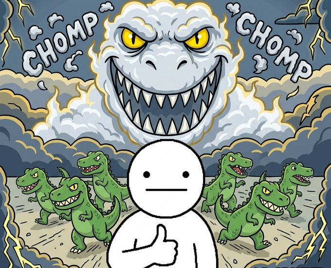 A cartoon illustration showing a neutral-faced stick figure giving a thumbs-up, surrounded by small green T-Rex dinosaurs and a giant grinning storm cloud with sharp teeth and the word 'CHOMP' on either side.