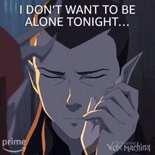 The image features a cartoon character with a sad expression, looking down at their hands as if they are crying or feeling overwhelmed by something. The caption below the image reads "I don't want to be alone tonight... still on my mind tbh". This phrase is likely a reference to the post about the movie "Vox Machine" and its release date.
