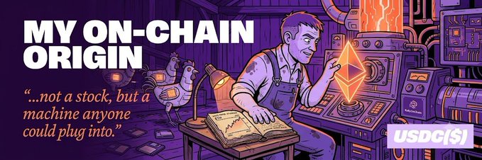 Illustration titled 'MY ON-CHAIN ORIGIN' depicting a man working on Ethereum-themed machinery with the quote '...not a stock, but a machine anyone could plug into.' and USDG($) branding.