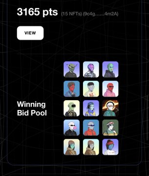 A dark-themed NFT marketplace interface displays '3165 pts' and a 'Winning Bid Pool' grid of character avatars wearing masks and hats.