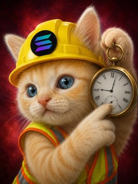 An adorable orange kitten wearing a yellow hard hat with a purple "S" logo and a high-visibility vest holds a golden pocket watch, fitting the post's playful narrative of being "rescued from a Komatsu Excavator" and tied to the $SOL ticker. The clock symbolizes time digging itself out, reinforcing the "Born in the trenches" theme associated with the $Sue token.