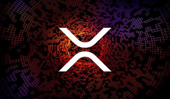 A stylized white 'X' logo, representing the XRP cryptocurrency, is centered against a dark background filled with a spiraling, digital grid pattern in red and purple hues.