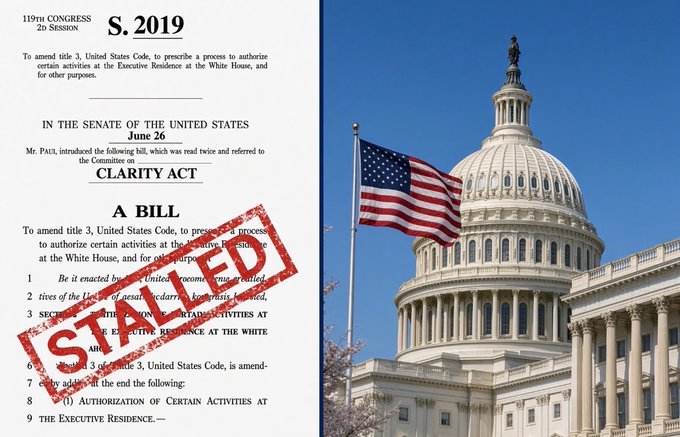 A split image shows a stalled "Clarity Act" (S.2019, 119th Congress) bill on the left stamped in red, alongside the U.S. Capitol building flying an American flag on the right. The image illustrates the accompanying post's point that XRP's regulatory clarity and adoption will move forward independently, without needing the stalled Clarity Act to advance.