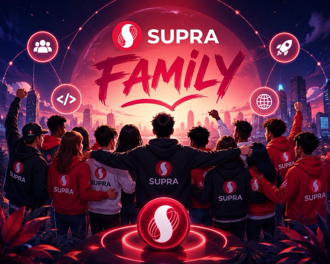 A vibrant promotional graphic for 'SUPRA FAMILY' showing a group of people from behind, all wearing SUPRA-branded hoodies, with arms raised toward a city skyline at sunset and icons representing community, code, and global connectivity surrounding them.
