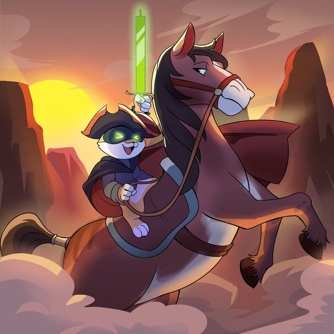 Digital artwork of a cute cartoon character in a pirate hat and cape riding a rearing horse while holding a glowing green sword against a sunset backdrop.