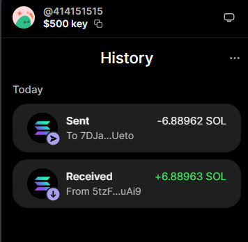 A mobile wallet screenshot shows a transaction history for account @414151515, displaying a sent transaction of -6.88962 SOL to 7DJa...Ueto and a received transaction of +6.88963 SOL from 5t2F...uAi9, suggesting the user is showing proof of an airdrop claim related to the token contract address (HVC25...) mentioned in the post.