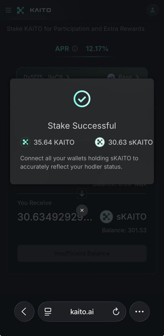 A mobile screen showing a successful stake of 35.64 KAITO for 30.63 sKAITO on the kaito.ai website, with a 12.17% APR displayed.