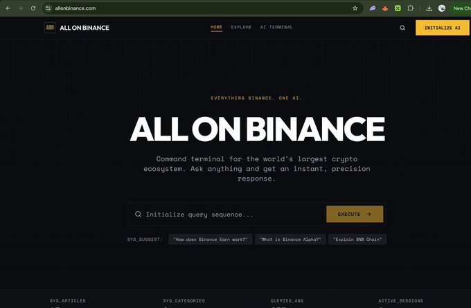 The image shows the homepage of AllOnBinance.com, featuring a dark-themed interface with the tagline "EVERYTHING BINANCE. ONE AI." and "ALL ON BINANCE" prominently displayed above a search bar prompting users to "Initialize query sequence..." with suggested queries like "How does Binance Earn work?", "What is Binance Alpha?", and "Explain BNB Chain." The "gm Allonbinance.com" post shares this AI-powered command terminal designed as a one-stop hub for Binance-related information.