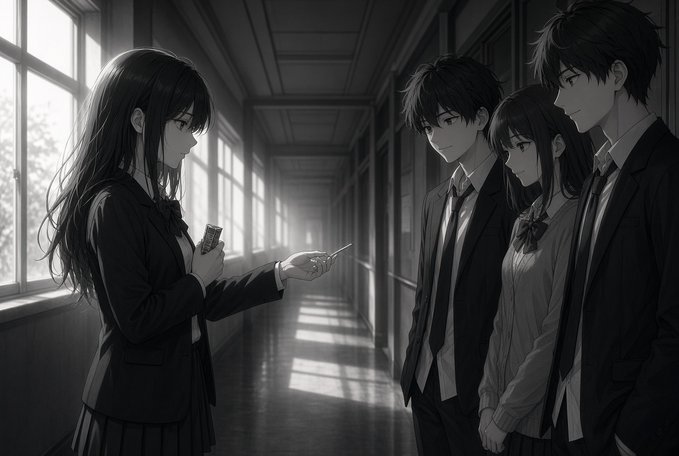 A black-and-white anime-style illustration depicts a female student handing something to three other students in a sunlit school hallway.