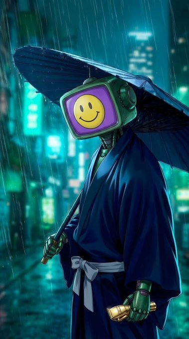 A digital illustration of a robot wearing a traditional Japanese dark blue robe (kimono/yukata) with a white belt, holding an umbrella, and featuring a yellow smiley face on a TV-like screen for a head, set against a rainy cyberpunk city background.