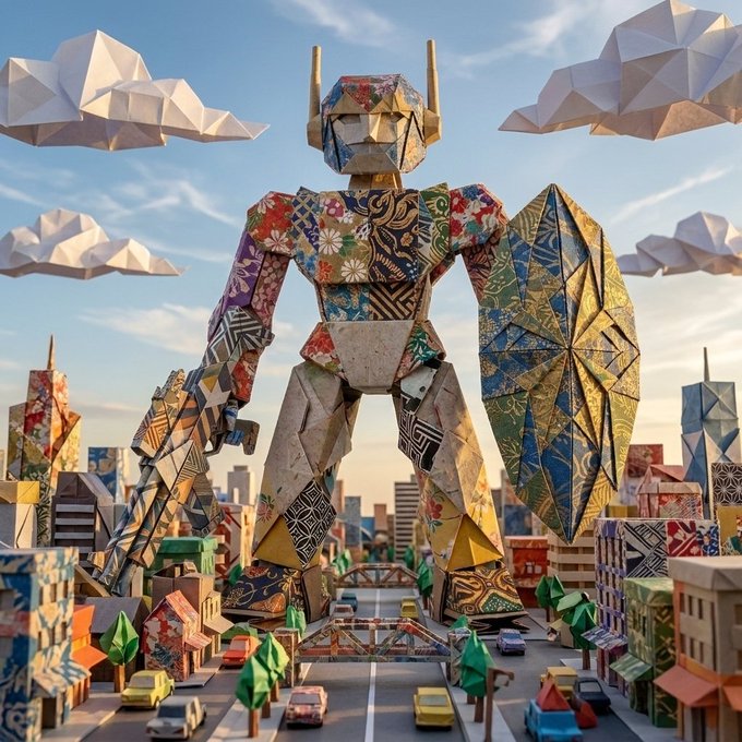 A colorful origami-style illustration of a large horned robot mecha standing in a papercraft city with geometric clouds and tiny cars below.