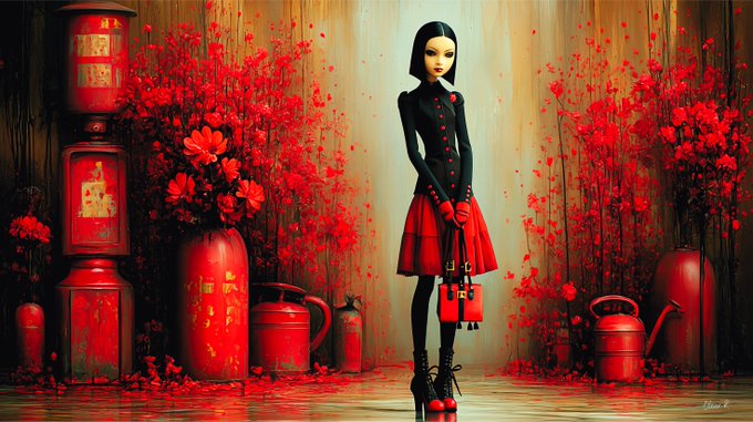 A stylized illustration of a pale-skinned woman with a black bob haircut wearing a black top and red skirt, standing in a room filled with red floral arrangements and red gas cylinders.
