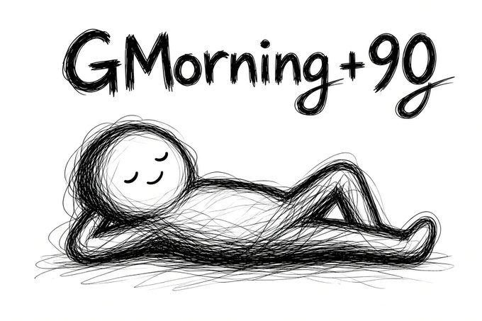 A black scribble sketch of a smiling figure lying down with text 'GMorning +9' above, depicting someone who overslept.