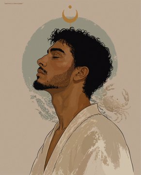 A stylized portrait illustration of a man with curly hair and closed eyes, wearing a white robe, with a crescent moon symbol above his head and a faint crab-like figure beside him.