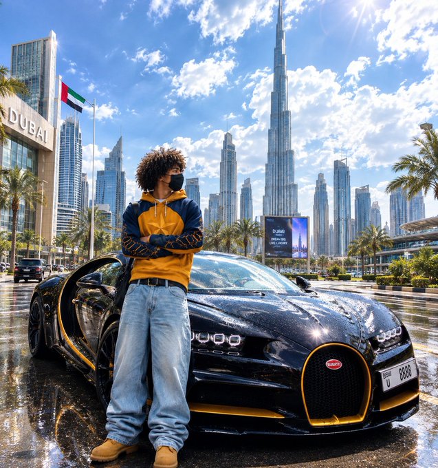 A masked figure stands in front of a black and gold Bugatti in Dubai, with the Burj Khalifa and UAE flag in the background.