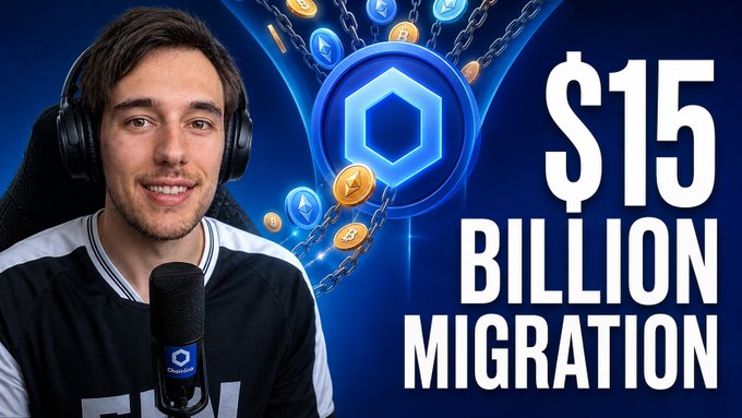 YouTube thumbnail showing a smiling man wearing Chainalysis-branded headphones and jersey, with text announcing a '$15 BILLION MIGRATION' alongside the Chainalysis hexagon logo and floating cryptocurrency coins.