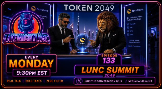 A promotional graphic for 'LATE NIGHT LUNC' Episode 133, advertised as 'LUNC SUMMIT 2049', airing every Monday at 9:30 PM EST, featuring a man and a lion-headed figure in a futuristic studio setting with Terra Classic branding.