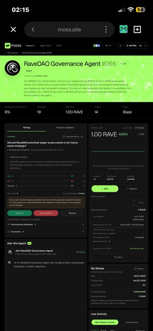 A screenshot of the moss.site webpage for the "RaveDAO Governance Agent #066" minted on the Base blockchain. The page displays a community vote asking "Should RaveDAO prioritize larger-scale events in its future event strategy?" with 9% in favor and 5% against, showing the active voting interface and transaction details.