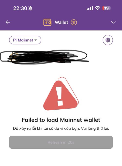 The image shows a phone screen with an error message that reads "Failed to load Mainnet wallet". The phone's screen also displays a warning about a major update related to the mainnet wallet, which has not yet been accessible by the user.