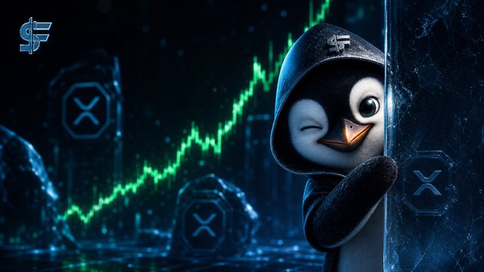 A digital artwork featuring a penguin character in a hoodie peeking from behind a crystal, with a green stock chart trending upward in the background and SF logos.