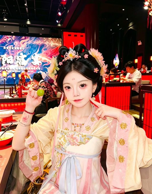 A young woman in an elaborate traditional Chinese hanfu with floral hair accessories and ornate makeup poses playfully in a restaurant setting, holding a green grape and pointing to her cheek, with a colorful illuminated backdrop displaying "阳澄湖" (Yangcheng Lake) visible behind her, complementing the post's whimsical caption about joining a royal palace banquet.