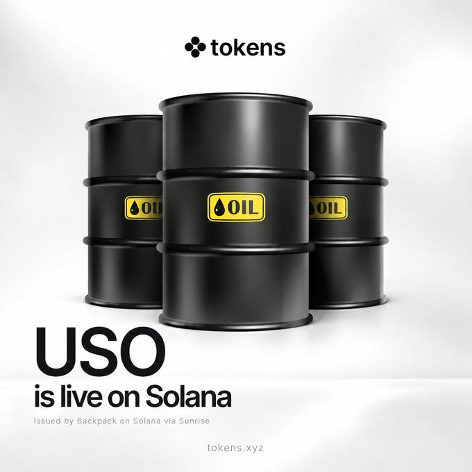 An advertisement showing three black oil barrels with the text 'OIL', promoting 'USO is live on Solana' and 'Issued by Backpack on Solana via Sunrise' with the tokens.xyz logo.