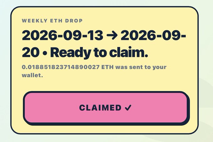 A yellow "Weekly ETH Drop" notification card dated 2026-09-13 to 2026-09-20 showing 0.018851823714890027 ETH sent to the wallet, with a pink "Claimed ✓" button, illustrating the $50 ETH airdrop the user just collected from UrchinFrens.