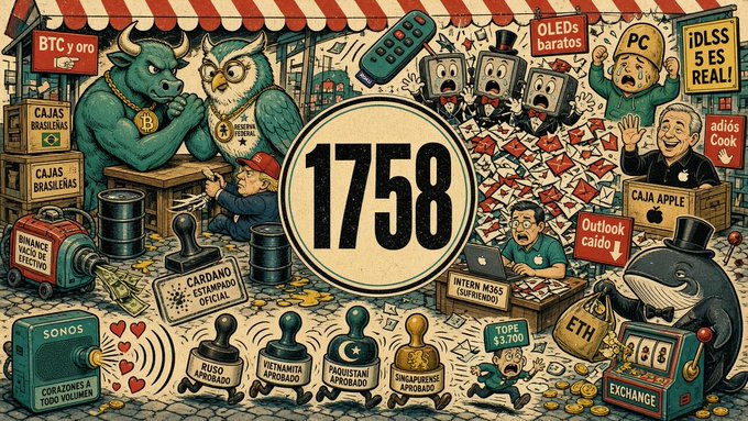 A cartoon illustration featuring a bull and owl at a market stall with boxes labeled 'CAJAS BRASILEÑAS', central number '1758', Bitcoin imagery, and various Spanish-language signs like 'BTC y oro', 'OLEDs baratos', and 'INTERM 065 (SUPERIOR)'.