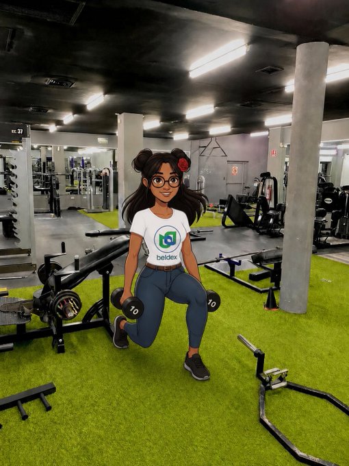 A cartoon-style character wearing a 'beidex' branded t-shirt performs lunges with dumbbells in a gym setting.