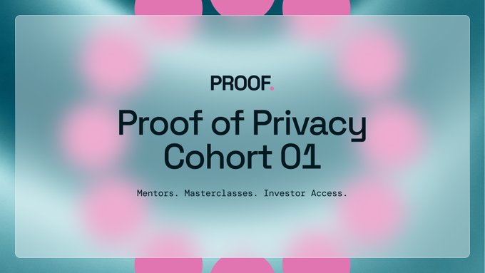 Promotional graphic for 'PROOF' reading 'Proof of Privacy Cohort 01' with subtitle 'Mentors. Masterclasses. Investor Access.' on a pink and teal gradient background.