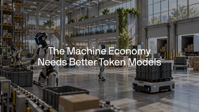 The image shows a futuristic industrial warehouse with humanoid robots and autonomous delivery robots working alongside conveyor belts and shipping containers, overlaid with the text "The Machine Economy Needs Better Token Models."

The caption reflects the post's theme by depicting the autonomous machine economy—the robots and automated systems shown represent the billions of machines that current DePIN/DePAI token models struggle to sustainably incentivize, highlighting the need for improved economic infrastructure to support such automation at scale.