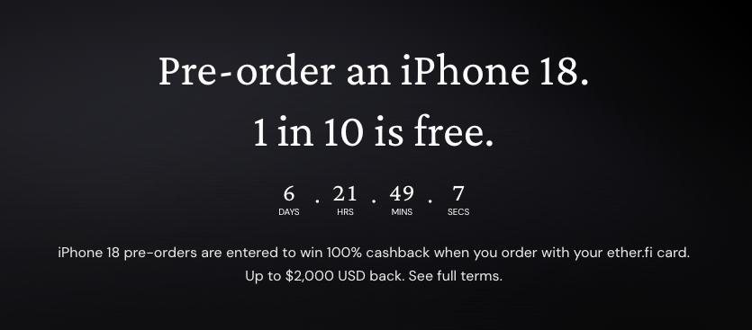 The image is a promotional ad for pre-ordering an "iPhone 18," offering that "1 in 10 is free," with a countdown timer showing 6 days, 21 hours, 49 minutes, 7 seconds remaining. It mentions that pre-orders made with an "ether.fi card" can win 100% cashback up to $2,000 USD. The image relates to the post by promoting an ether.fi card-based promotion, suggesting that "the ball is in your court" to take advantage of the deal.
