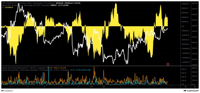 A TradingView cryptocurrency chart from CryptoQuant showing Bitcoin price action with yellow volume/momentum indicators and Bitcoin Exchange Inflow and Outflow metrics plotted below.
