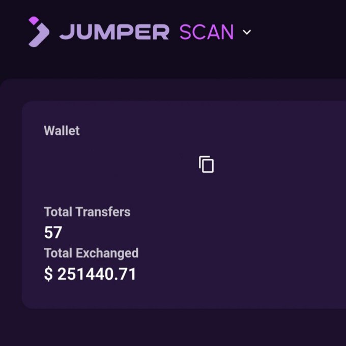 A Jumper Scan screenshot displays a wallet summary showing 57 total transfers and $251,440.71 total exchanged, shared to encourage others to check their trading volume on jumper.xyz/scan, possibly as part of a token sale eligibility check during "Jumptember."