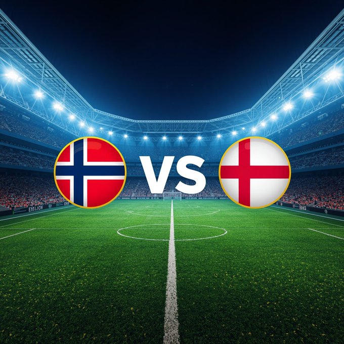 A promotional graphic for a football match between Norway and England, displaying circular flag icons for each country with 'VS' between them, set against the backdrop of a brightly lit, empty stadium.