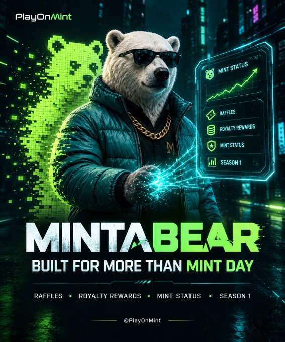 A promotional graphic for 'PlayOnMint' showcases an anthropomorphic white bear in sunglasses and a teal puffer jacket holding a glowing digital interface, with the tagline 'MINTABEAR - BUILT FOR MORE THAN MINT DAY'.