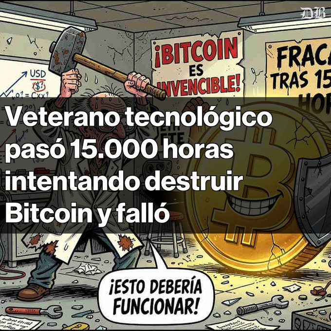 A Spanish-language cartoon meme from MH showing a tech veteran attempting to destroy Bitcoin with a hammer, with text '¡BITCOIN ES INVENCIBLE!' and overlay text 'Veterano tecnológico pasó 15.000 horas intentando destruir Bitcoin y falló' (Tech veteran spent 15,000 hours trying to destroy Bitcoin and failed).