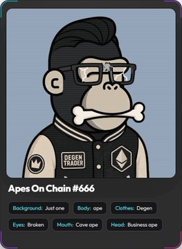 The image features a cartoon monkey wearing glasses, a black jacket with a white collar, and a bone in its mouth. The monkey appears to be posing for a card or poster featuring the text "Apes On Chain #66". The background of the image is blue, which contrasts with the monkey's attire. There are also some words on the image that seem to be related to the post about joining the ape0nchain Discord server and the concept of NFTs.