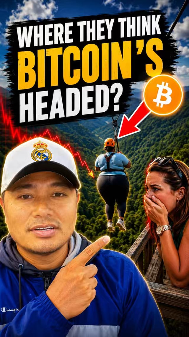 A YouTube thumbnail features a man in a Real Madrid cap pointing toward a woman crying while riding a zipline over a mountain, with bold text reading "WHERE THEY THINK BITCOIN'S HEADED?" alongside a Bitcoin logo and a downward red trend arrow. The image humorously visualizes critics' pessimistic views of Bitcoin's future, depicting emotional distress over a suspected market decline.
