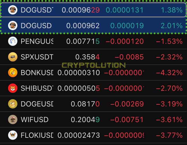 A cryptocurrency market display shows DOGEUSDT highlighted at the top with a 1.38% gain, while PENGUUSDT, SPXUSDT, BONKUSDT, SHIBUSDT, DOGEUSDT, WIFUSDT, and FLOKIUSDT show declines, with 'CRYPTOLUTION' watermark visible.