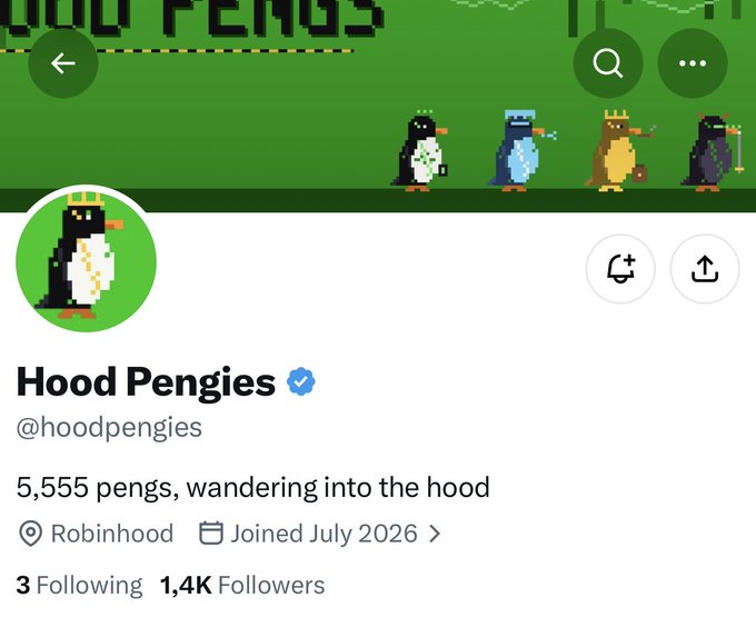 A Twitter/X profile page for "Hood Pengies" (@hoodpengies), showing a verified account with a pixel-art penguin mascot, a green banner featuring multiple penguin characters, 1.4K followers, and a bio reading "5,555 pengs, wandering into the hood" — directly matching the post's description of the early Ordinals NFT project featuring 5,555 penguin collectibles with GTD allocation available.