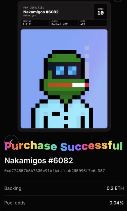 Purchase confirmation screen for Nakamigos #6082 NFT, a pixel-art character backed for 0.2 ETH with 0.04% pool odds, classified as a Backed NFT.