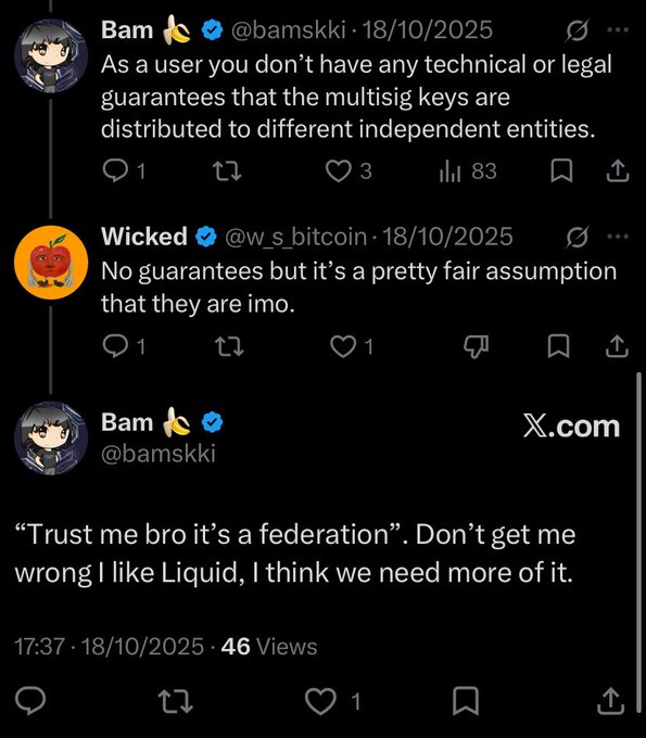 Screenshots of a Twitter/X thread discussing Bitcoin and Liquid network multisig keys, featuring users "Bam (@bamskki)" and "Wicked (@w_s_bitcoin)" discussing the lack of technical or legal guarantees for multisig key distribution.