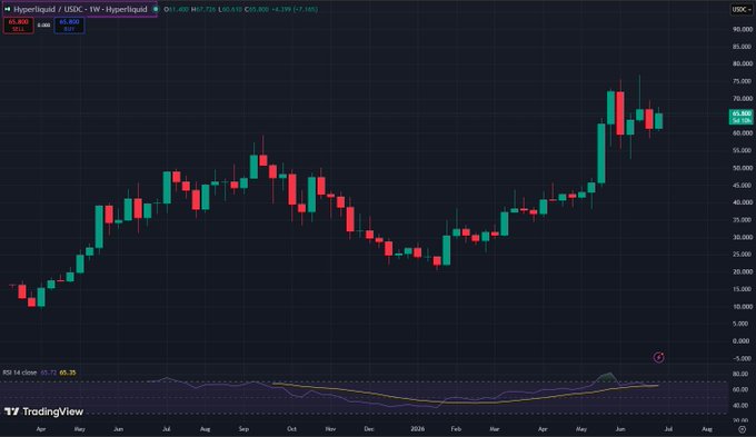 A TradingView weekly candlestick chart of Hyperliquid (USDC) showing a strong uptrend with price rising from around $15 to over $65, peaking near $78 before pulling back, with an RSI(14) indicator at 65.25 and a bullish divergence visible at the bottom.