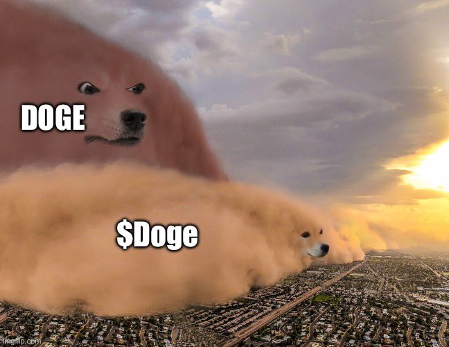 A Doge meme showing a large Shiba Inu labeled 'DOGE' looming over a smaller Shiba Inu labeled '$Doge' lying on a city landscape.