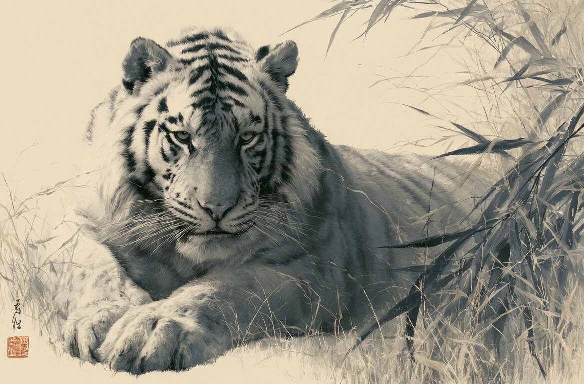 The image features a tiger resting in front of some bamboo plants, giving off an impression of a peaceful scene. The tiger's fur appears to be animated with a sense of motion as if it were running or walking through the grassy area. The background is a light beige color that contrasts nicely with the black and white tones of the image. The post includes text that reads "Just animated this Ink Wash Tiger with Grok 1.5 using ZERO prompt, only the image!", indicating that the image was created by someone who used a zero-based prompt to generate the image. This suggests that the creator might have been experimenting with different techniques or styles in their artwork.