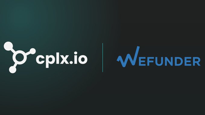 The image features a logo that displays two different logos side by side, with one being a white logo for CPLX.io and the other being a blue logo for Wefunder. The text "We have just launched @Zealy_Marketer and @Galxe campaigns to grow our following on @Wefunder - the premier community public offering site" is also present in the image, which seems to be related to the post about fundraising.