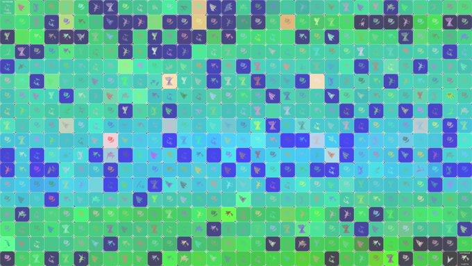 An abstract digital image consisting of a colorful grid of blue and green squares, each containing small icons of cocktail glasses and bottles.