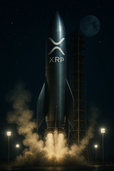 The image features a rocket launch with the XRP logo prominently displayed, indicating that it's an advertisement for Ripple Cryptocurrency. The rocket is launching into space, and there are smoke rings coming out of its nose, which suggests that it has recently taken off or is in the process of taking off. This scene captures the excitement and anticipation associated with a new cryptocurrency launch.