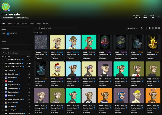 A screenshot of the NFT marketplace OpenSea showing the 'nfts are safu' collection with various Bored Ape Yacht Club NFTs displayed, including items #7240, #6540, #8230, and others with their floor prices in ETH.